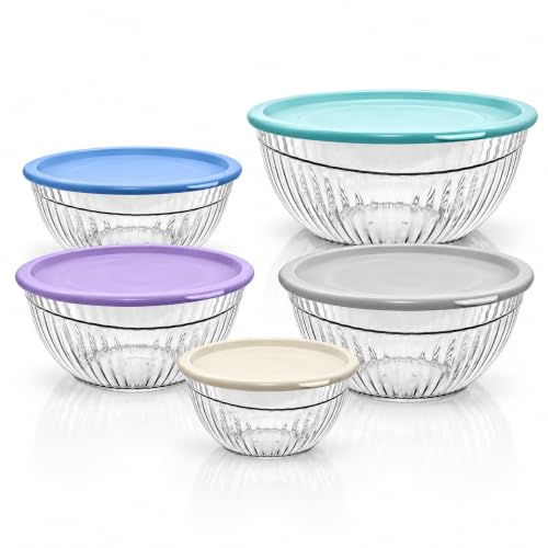 OGGI 10-Piece Mixing Bowls with Lids Set, 5 Clear Ribbed Plastic Bowls with Colored Lids, 0.7, 1.2, 2, 3 & 3.5 Qt, Microwave, Freezer & Dishwasher Safe, Food Prep & Storage
