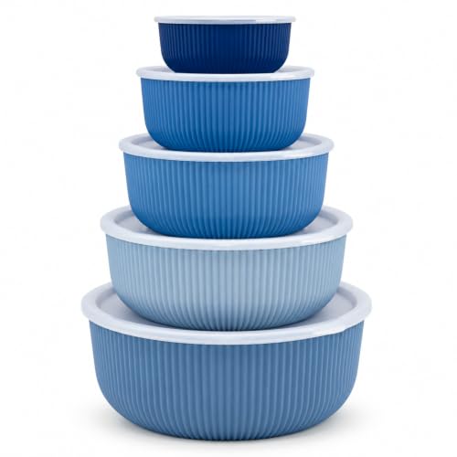 OGGI 10-Piece Mixing Bowls with Lids Set, 5 Blue Ribbed Plastic Bowls with Lids, 1 Qt, 1.9 Qt, 3 Qt, 4 Qt & 4.75 Qt, Microwave, Freezer & Dishwasher Safe, Food Prep & Storage