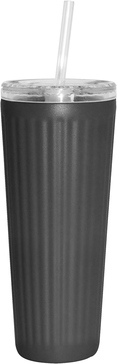 Oggi 24oz Vacuum Insulated Fluted Tumbler with Straw – Stainless Steel Travel Coffee Mug, Cute Adult Sippy Cup with Lid – Hot & Cold Beverage Gift, Car Cup Holder Friendly, Black