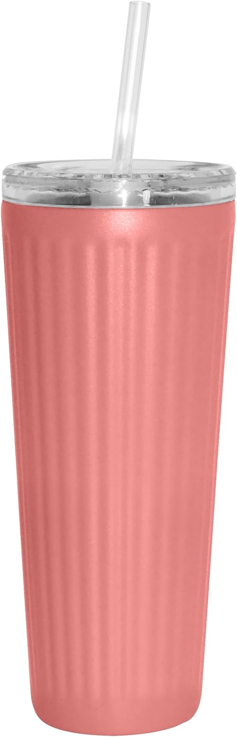 Oggi 24oz Vacuum Insulated Fluted Tumbler with Straw – Stainless Steel Travel Coffee Mug, Cute Adult Sippy Cup with Lid – Hot & Cold Beverage Gift, Car Cup Holder Friendly, Blush