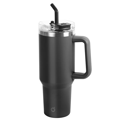 OGGI 40 oz Tumbler with Handle, Straw & Lid - Big Water Bottle, Travel Coffee Mug, Stainless Steel Vacuum Insulated Thermal Cup for Hot Cold Beverages, Cold for 24Hrs & Hot for 12Hrs - Black