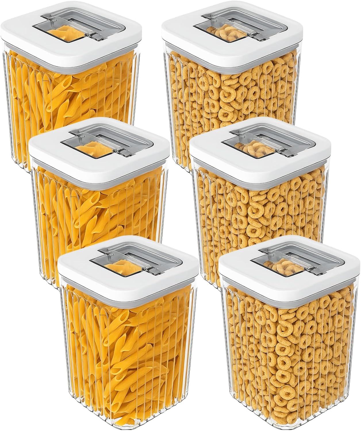 Oggi Airtight Clear Fluted Canister Set of 6 - Stackable Food Storage Containers with Lids, Vintage Modern Farmhouse Style, Kitchen Counter & Pantry Organization, Size - 6 x 64.25 fl oz / 1.6 Lt