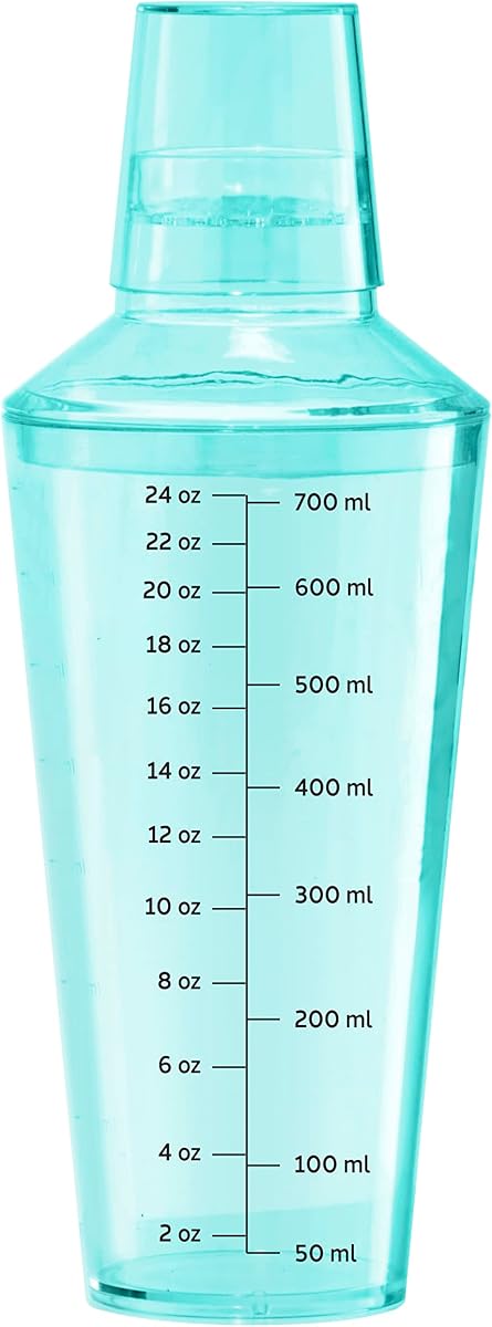 OGGI Clear Cocktail Shaker - 24 oz / 700 ml, Clear Durable Plastic Construction, Built in Strainer - Ideal Home Bar Drink Mixer, Bartender Kit, Essential Bar Accessories, Aqua