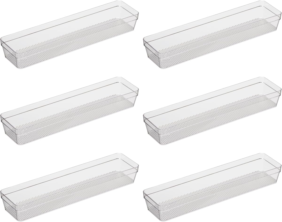 Oggi Clear Drawer Organizer - 3" X 12.5" (Set of 6) - Ideal for Organizing Kitchen Drawers, Office, Desk, Silverware, Kitchen Utensils, Cosmetics and Bathrooms
