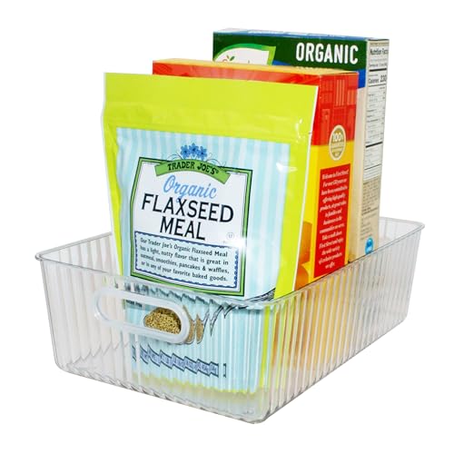Oggi Clear Fluted Storage Bin with Handle - Durable Plastic Organizer for Fridge, Pantry, Cabinets & Countertop, Modern Farmhouse Style, Ideal for Kitchen Organization and Storage, 11.75" x 8.25"