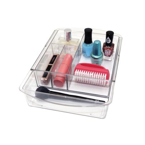 Oggi Expandable Drawer Organizer, Clear Plastic Makeup Organizer with Expandable 5 to 6 Compartment Design for Bathroom Vanity, Cosmetics & Skincare Storage, 12 x 8 x 2 Inches