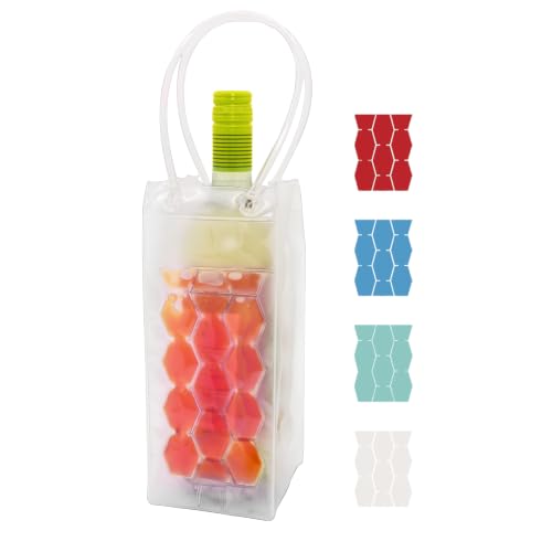 OGGI Portable Wine Cooler Bag with Integrated Freezer Gel Packs, Reusable Wine Bottle Chiller Sleeve for 750ml Wine & Champagne Bottles, Foldable Cooling Sleeve with Handle, 4 x 9.5 Inches