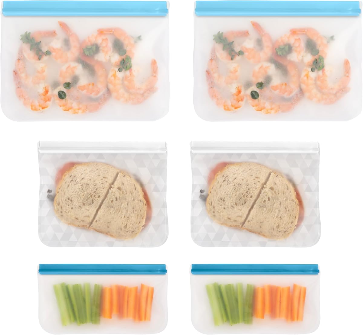 OGGI Reusable Food Storage Bags - Set 6 - Ideal for Lunch, Freezer, Sandwiches, Snack Bags, Storage Bags, Snack Bag for Travel - Food-Grade BPA-Free - (2) 11x8" / (2) 8.5x7" / (2) 8.5x5"