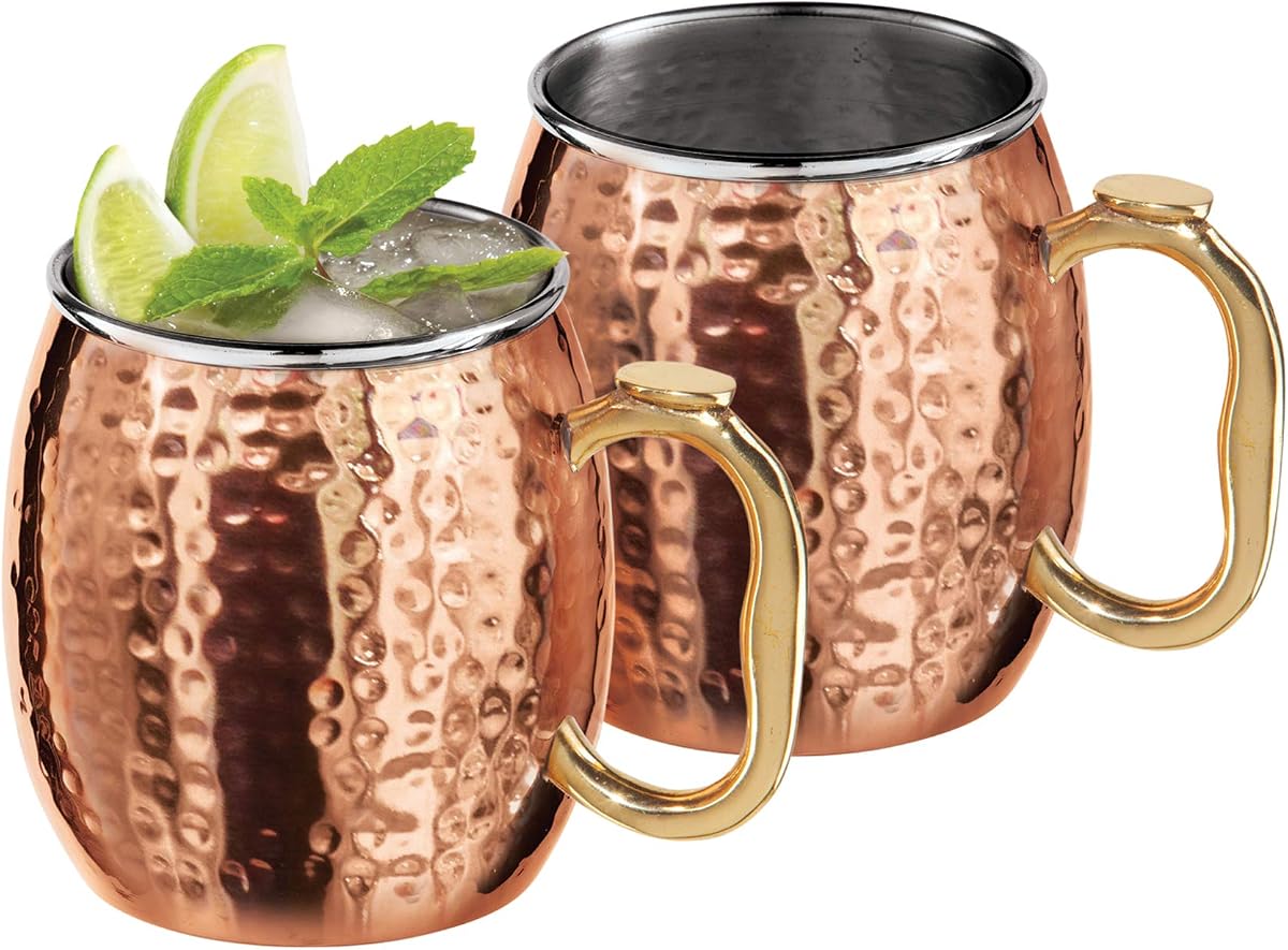Oggi Set of 2 Hammered Stainless Steel Moscow Mule Mugs- 18oz Copper Plated Moscow Mule Cups w/EZ-Grip Handle, Cocktail Cart & Home Bar Accessories, Great Kitchen Gifts