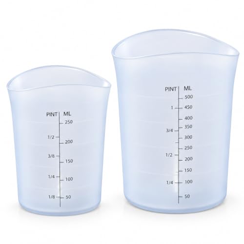 OGGI Set of 2 Silicone Measuring Cups with Spout, 1 Cup & 2 Cup Liquid Measuring Cups, Flexible Microwave Safe Measuring Cup Set for Melting Butter & Chocolate, Metric & Imperial