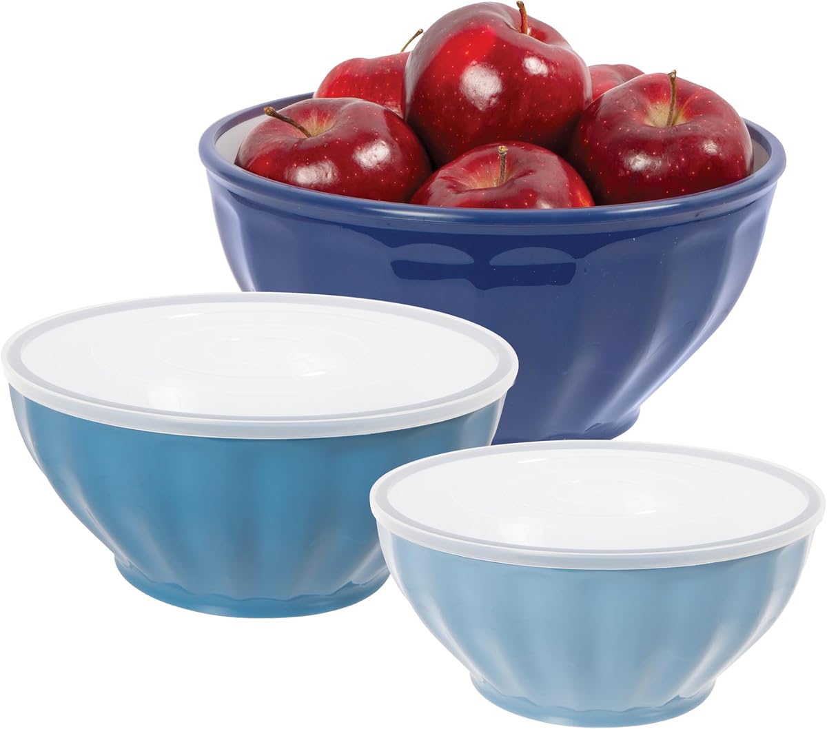 Oggi Set of 3 Ribbed Mixing Bowls with Lids - Nested Plastic Bowls for Kitchen, Durable Mixing Bowls Set, BPA-Free Plastic Bowls with Lids - 1.6, 2.6, 3.7 Qt