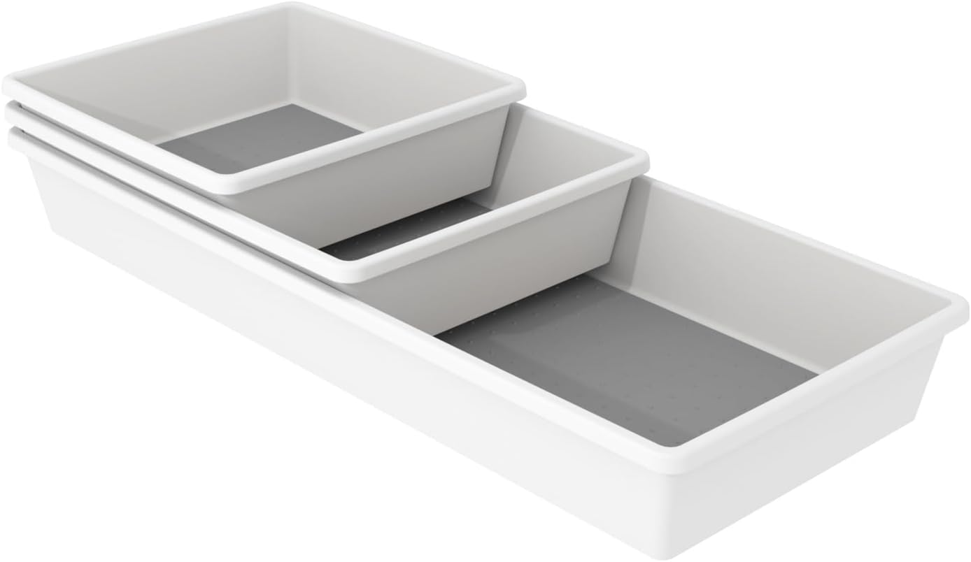 Oggi Set of 3 White Drawer Organizers - (1) 6x6.25, (1) 6.25x9.25, (1) 6.25x15.75 - Ideal for Organizing Kitchen Drawers, Office, Desk, Silverware, Kitchen Utensils, Cosmetics and Bathrooms