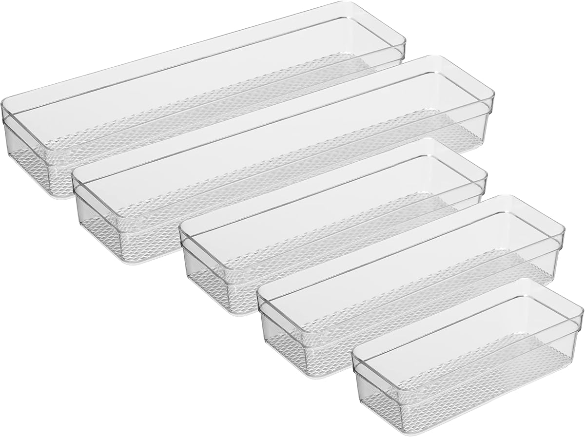 Oggi Set of 5 Clear Drawer Organizers - (1) 3x6.25, (2) 3x9.5, (2) 3x12.5 - Ideal for Organizing Kitchen Drawers, Office, Desk, Silverware, Kitchen Utensils, Cosmetics and Bathrooms