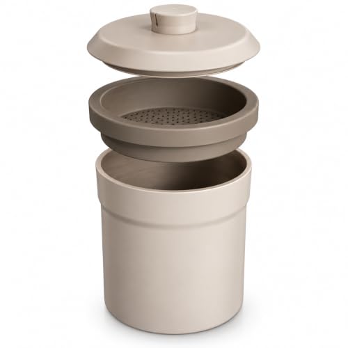 OGGI Silicone Grease Can with Strainer & Airtight Lid, 3 QT / 2.8 L Bacon Grease Container with Strainer, Heat-Resistant Cooking Oil Storage Container, Dishwasher Safe, Taupe