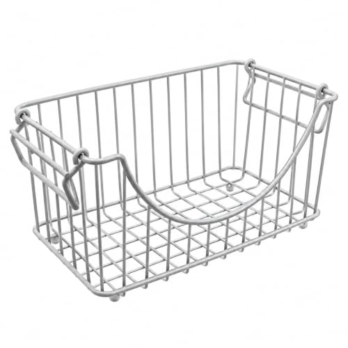 Oggi Stackable Wire Storage Basket, 12.2" x 6.5" x 6", White Steel Basket with Folding Handles for Pantry, Kitchen, Bathroom, Cabinets & Shelves