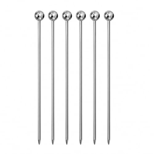 OGGI Stainless Steel Cocktail Picks, Set of 6 Reusable 4.25" Martini Picks with Ball Ends, Metal Cocktail Skewers for Olives, Cherries, Garnishes & Appetizers, Silver