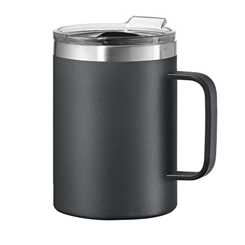 OGGI ThermoMug Stainless Steel Insulated Mug- Double Wall Vacuum Insulated w/Handle & Lid, Coffee Cup, Camping Mug, Travel Thermos, 14oz(420ml), Black