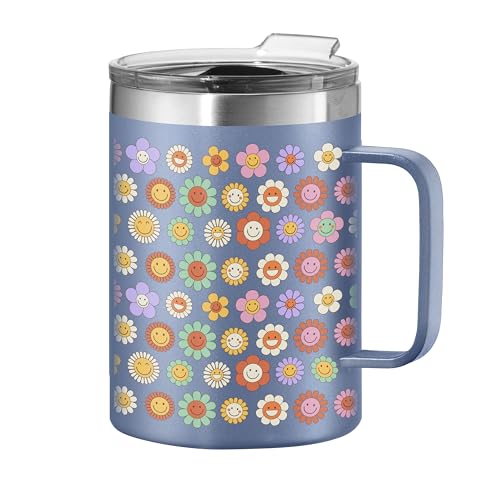 Oggi ThermoMug Stainless Steel Insulated Mug- Double Wall Vacuum Insulated w/Handle & Lid, Coffee Cup, Camping Mug, Travel Thermos, 14oz(420ml), Happy Flowers