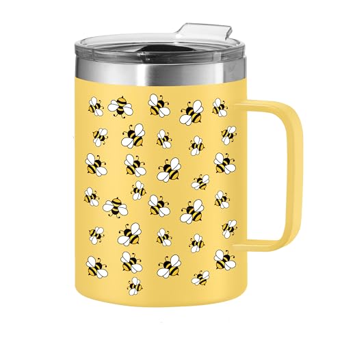 Oggi ThermoMug Stainless Steel Insulated Mug- Double Wall Vacuum Insulated w/Handle & Lid, Coffee Cup, Camping Mug, Travel Thermos, 14oz(420ml), Worker Bees