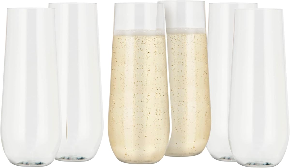 Oggi Unbreakable Champagne Flutes, Set 6 - Elegant Reusable Plastic Wine Cups, Stemless Wine Glass Flute Design, Shatterproof Plastic, Ideal for Indoor and Outdoor Use, Recyclable - 9oz / 265ml