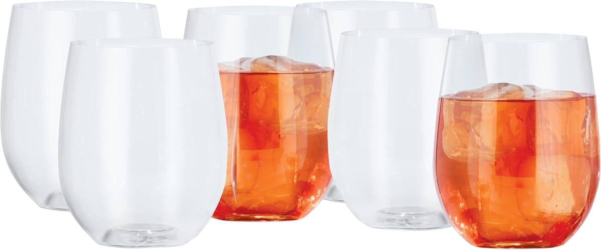 Oggi Unbreakable Wine Glasses, Set 6 - Elegant Reusable Plastic Wine Cups, Stemless Wine Glass Tumbler Design, Shatterproof Plastic, Ideal for Indoor and Outdoor Use, Recyclable - 12oz / 350ml