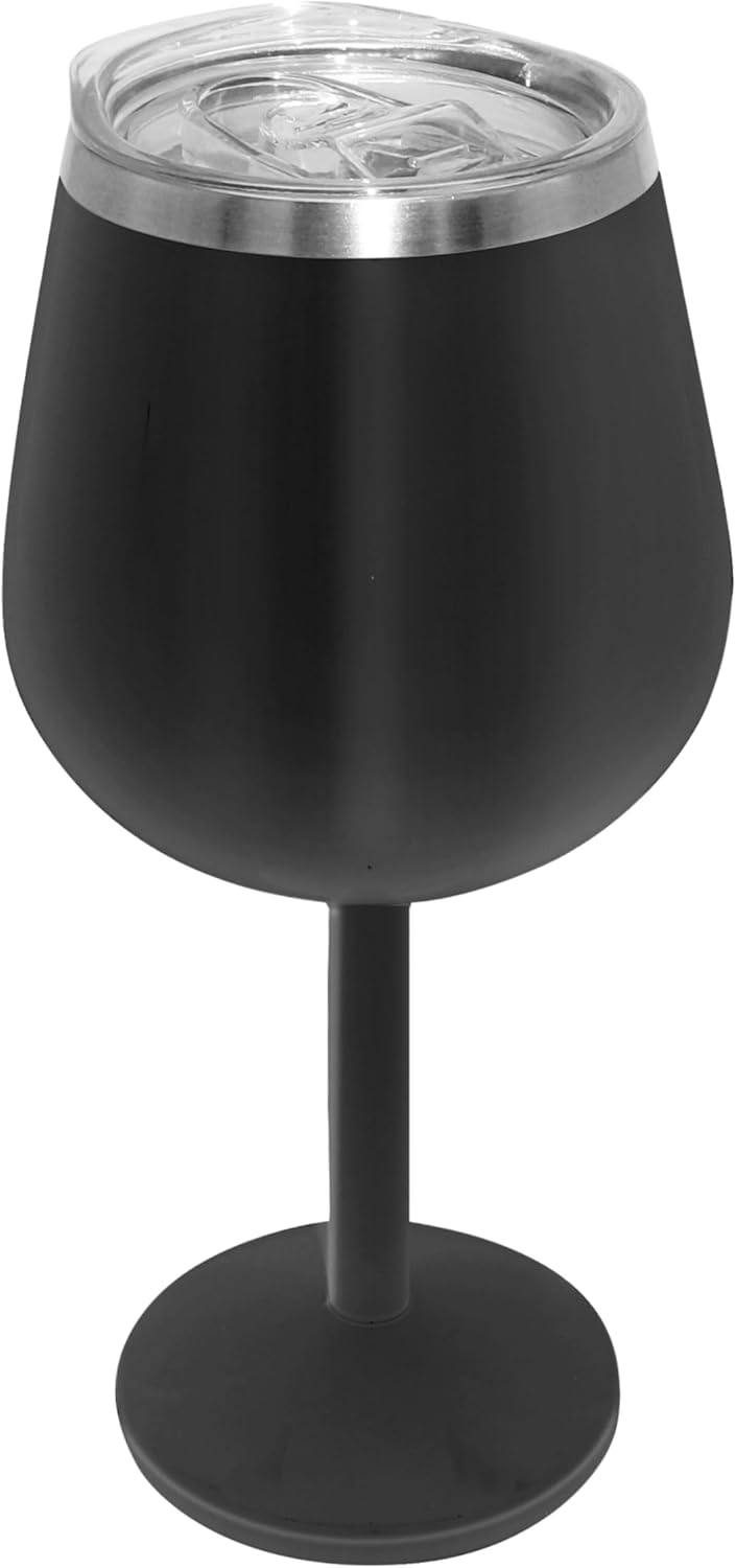 Oggi Vacuum Insulated Wine Glass 10 oz (300 ml), Stainless Steel Double Wall Stem Wine Glass with Lid, Unbreakable Outdoor Wine Glasses, Metal Wine Glass Gift for Women & Men - Black