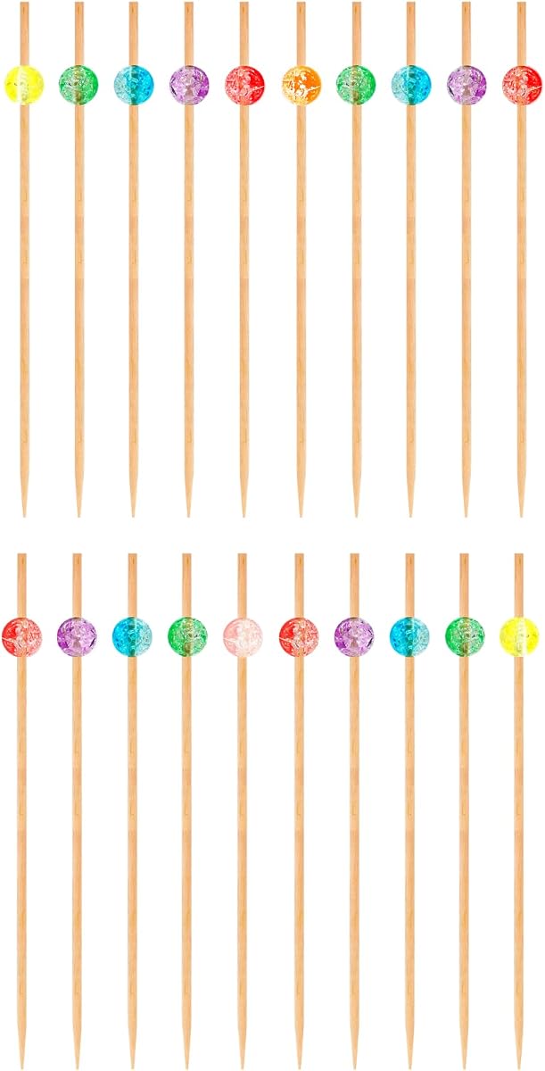 OGGI Wooden Cocktail Picks Sticks 20 pcs - Wooden Martini Picks with Colored Balls, Reusable Metal Cocktail Skewers, Martini Sticks for Olives, Appetizers, 4.25" / 11cm